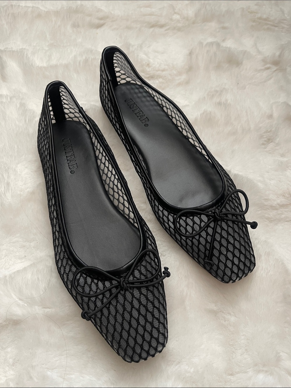 JustFab Black Mesh Bow Pointed Ballet Flats